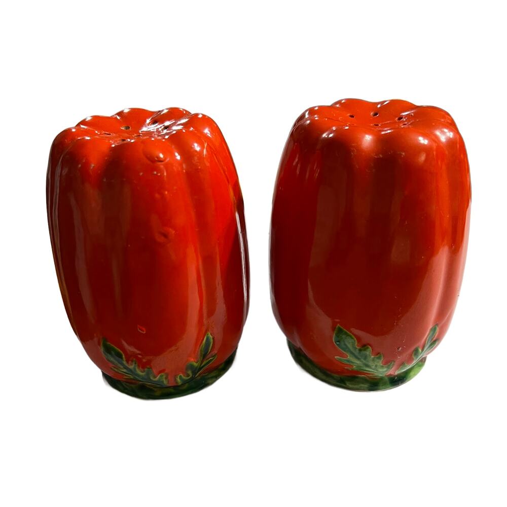 Vintage Orange/Red Ceramic Bell Pepper Salt Pepper Shaker Occupied Japan Set